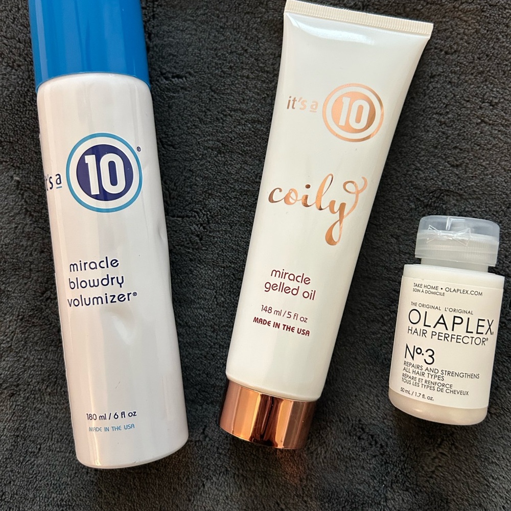 OLAPLEX No.3 hair perfect or 1.7 oz. It’s a 10 Coily gel oil & Blowdry volumizer